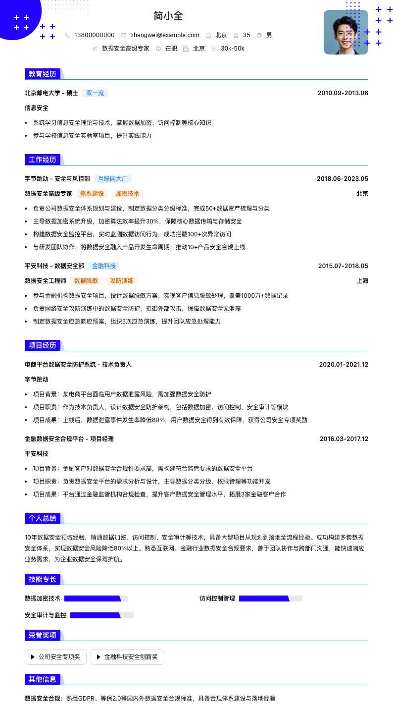 数据安全高级专家简历模板