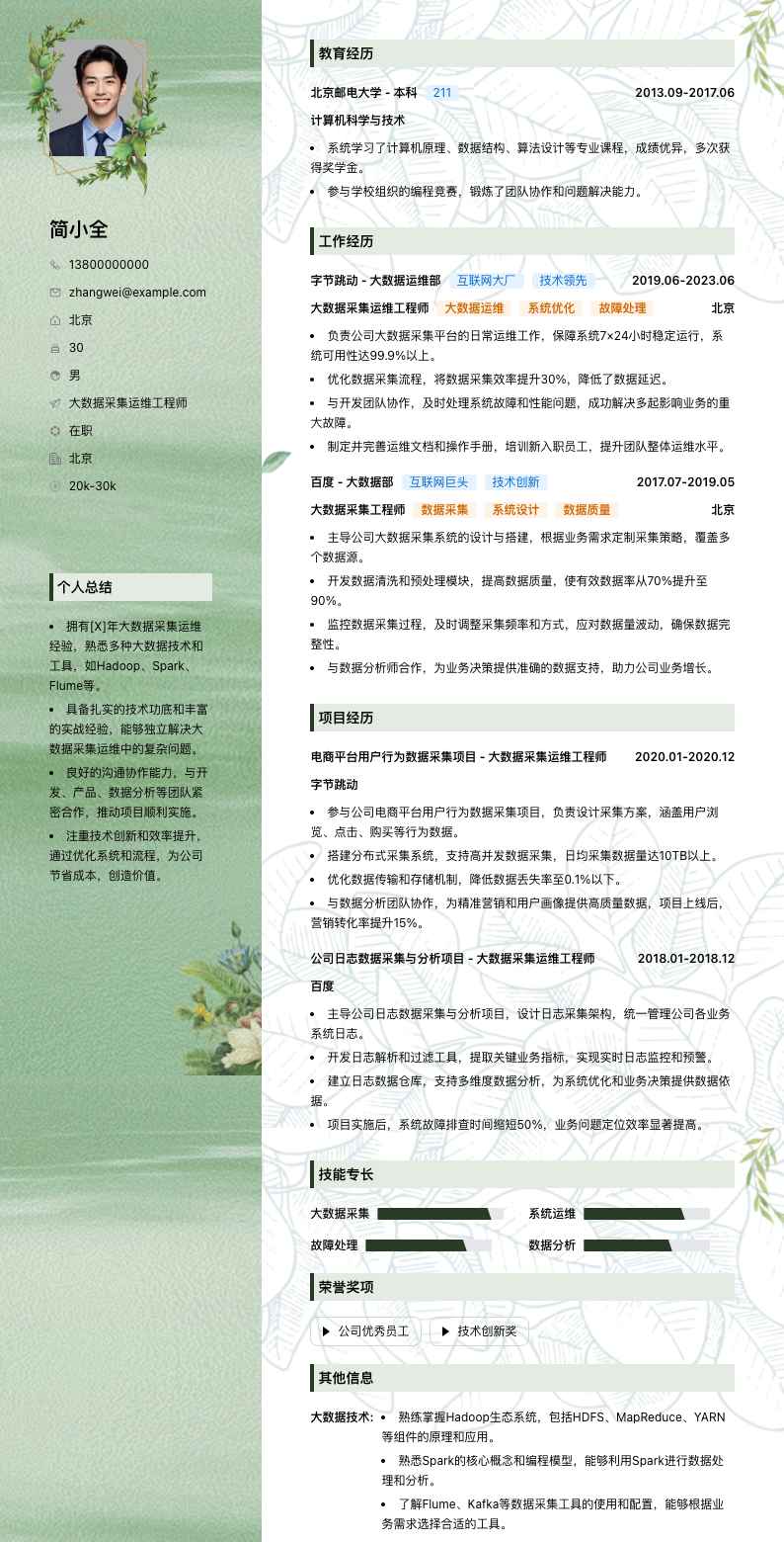 大数据采集运维工程师简历模板