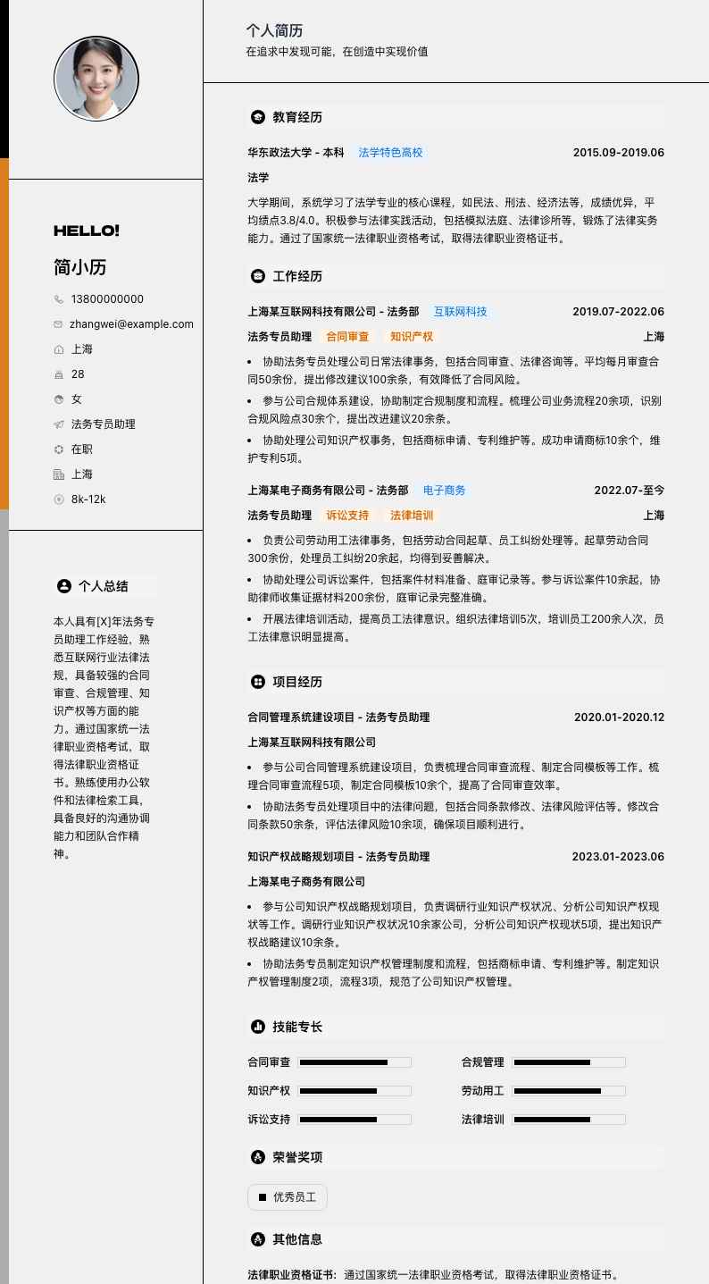 法务专员助理简历模板