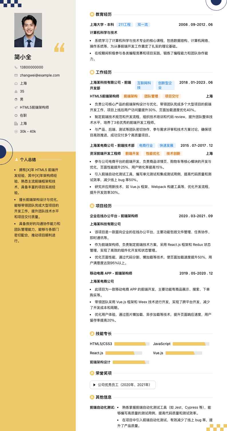 HTML5前端架构师简历模板