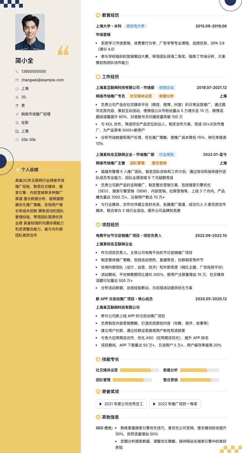 网络市场推广经理简历模板