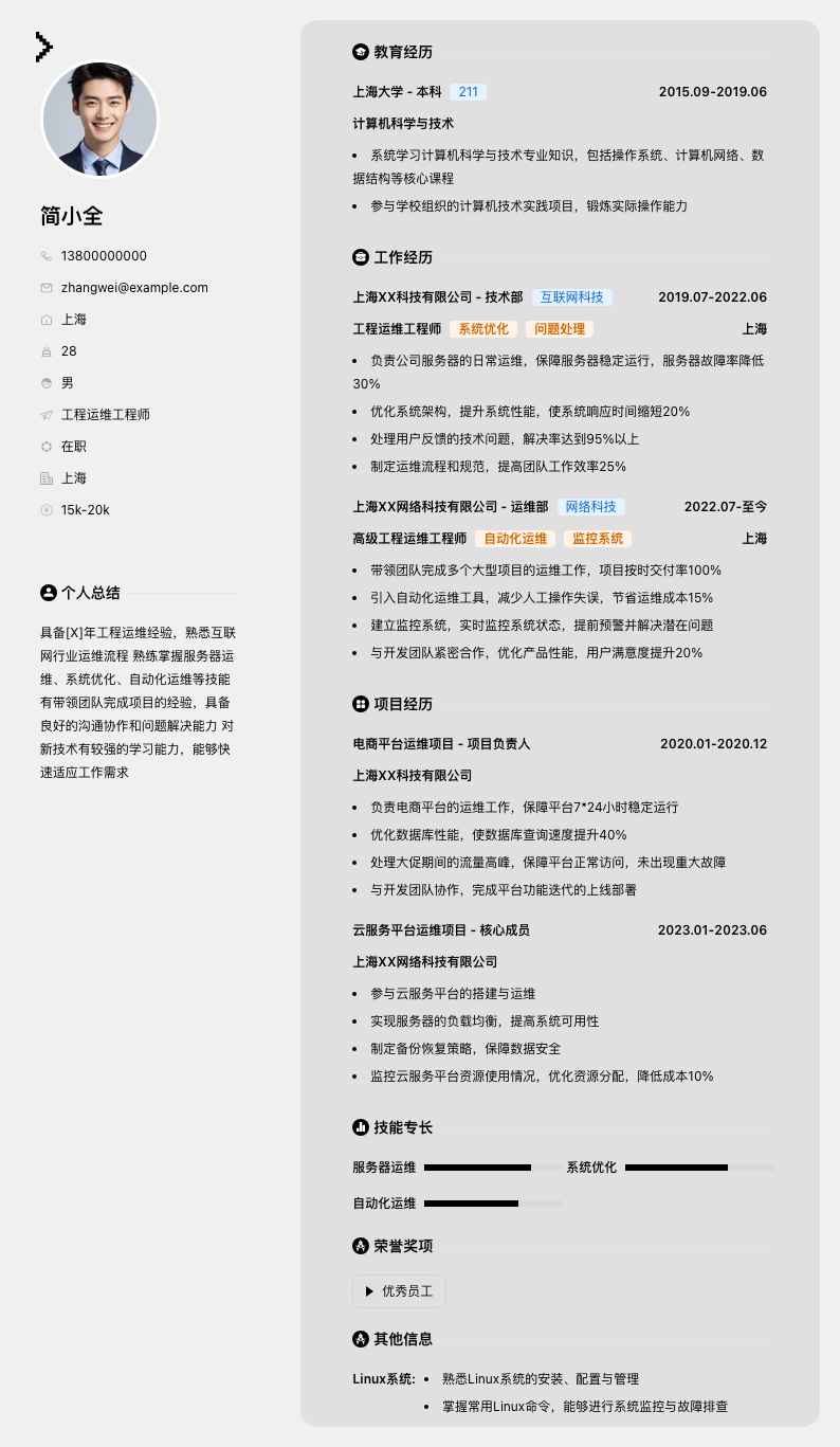 工程运维工程师简历模板