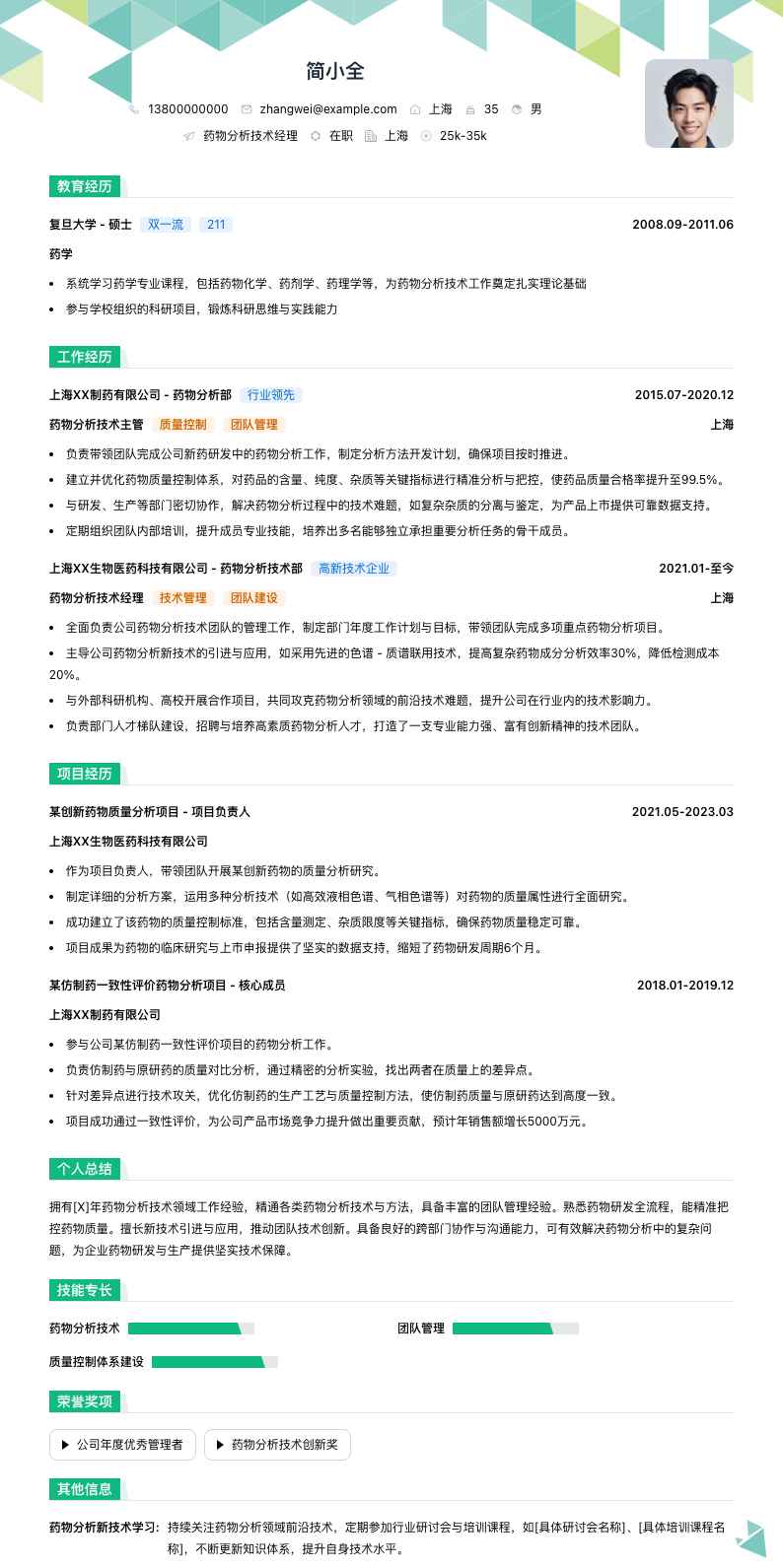 药物分析技术经理简历模板