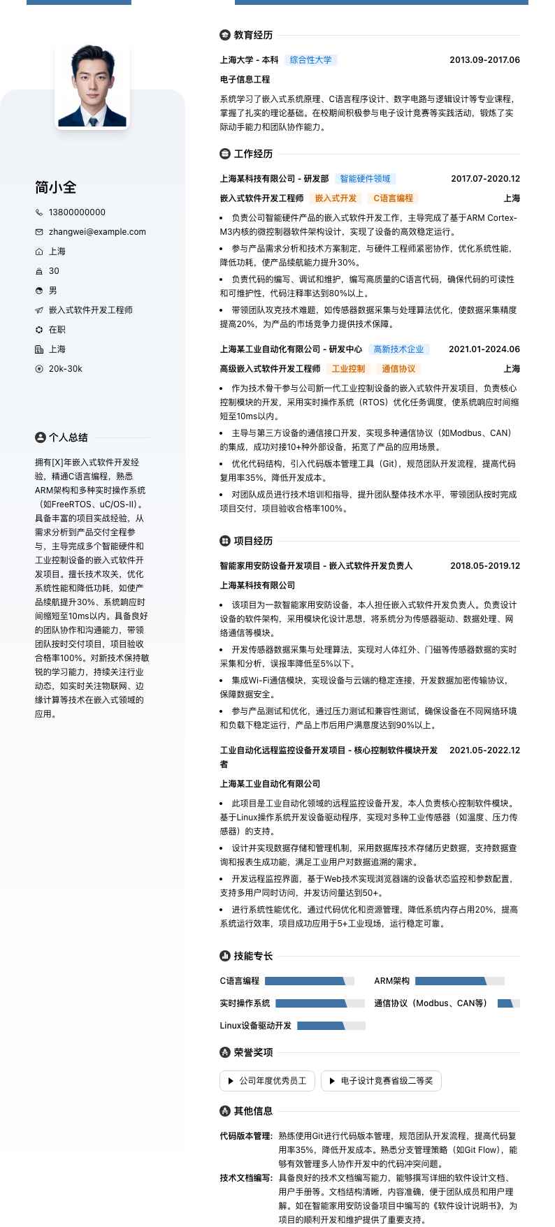 嵌入式软件开发工程师简历模板