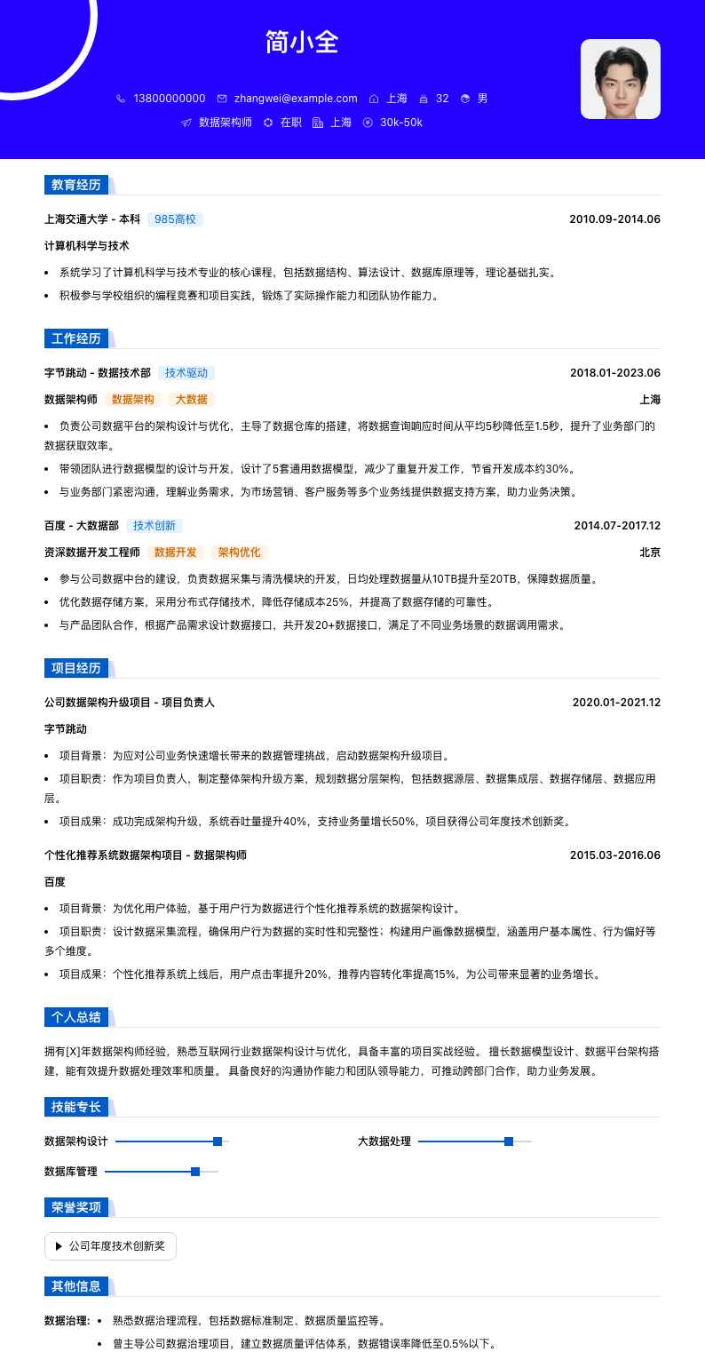 数据架构师简历模板