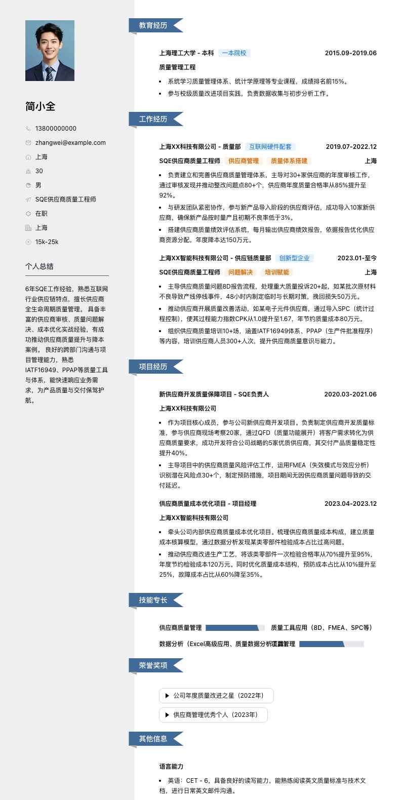 sqe供应商质量工程师简历模板