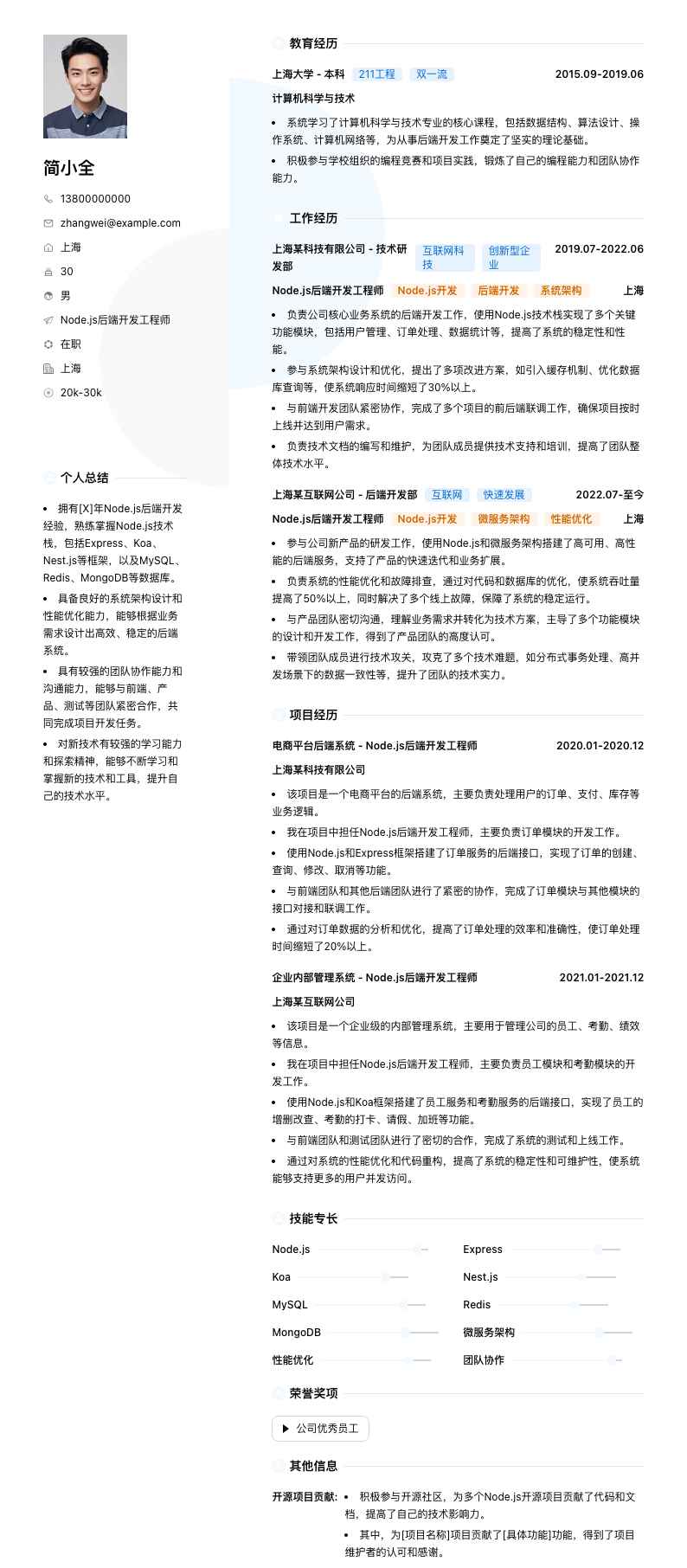 Node.js后端开发工程师简历模板