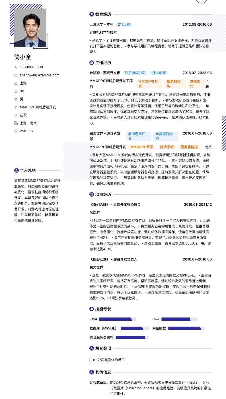 MMORPG游戏后端开发简历模板