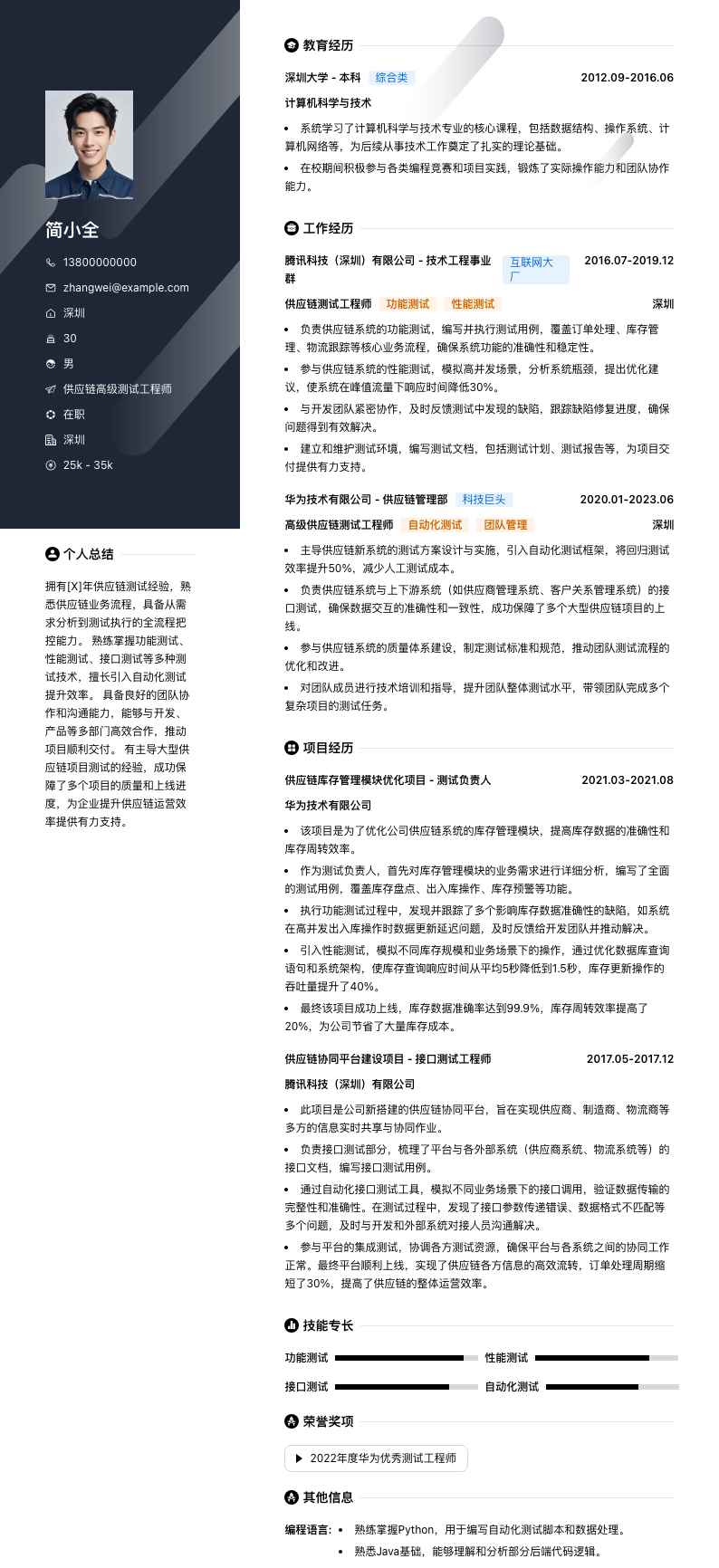 供应链高级测试工程师简历模板