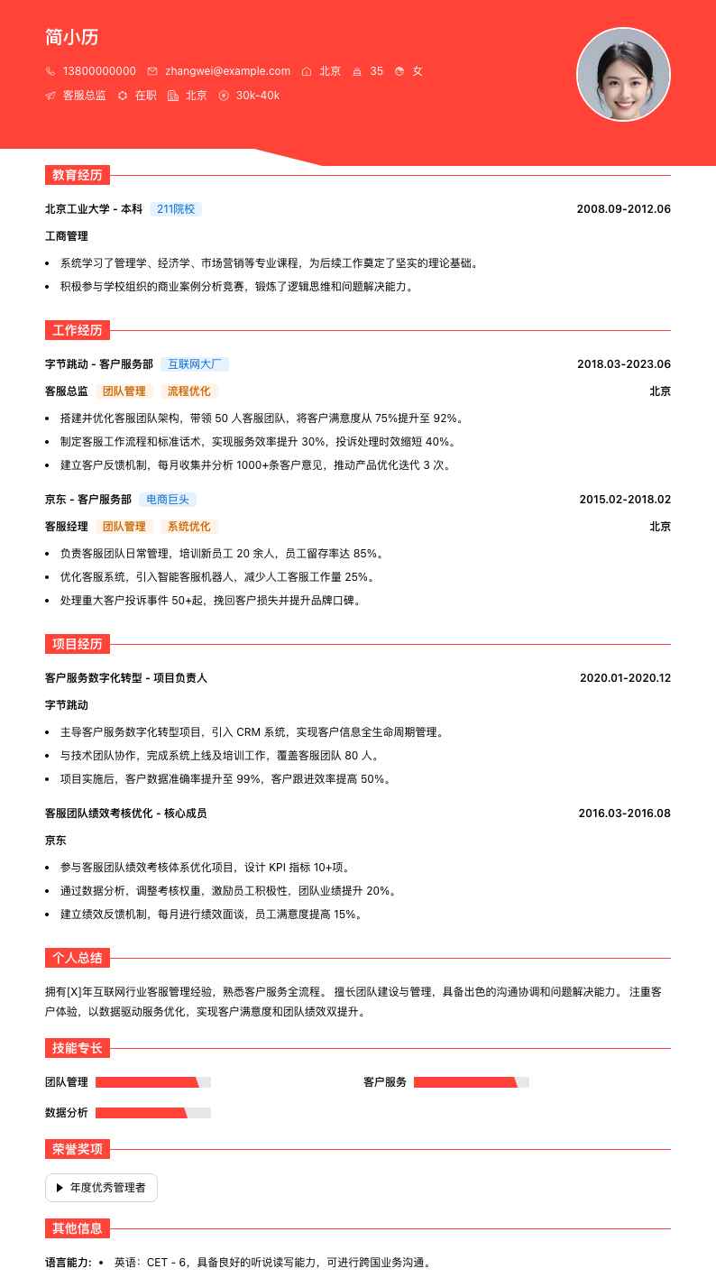 客服总监简历模板