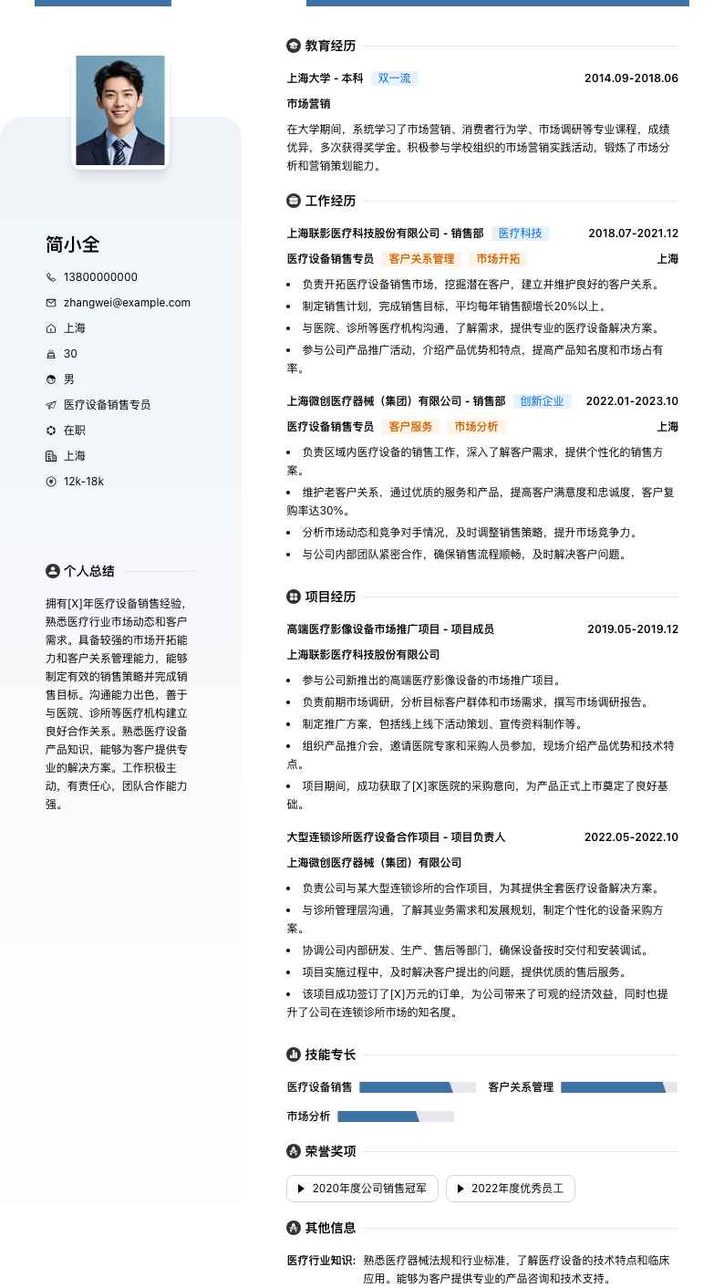 医疗设备销售专员简历模板