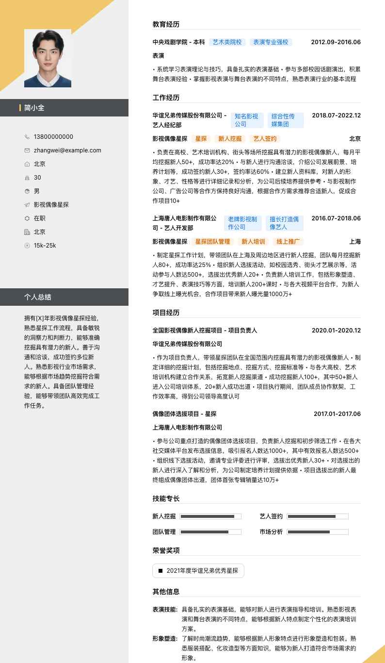 影视偶像星探简历模板