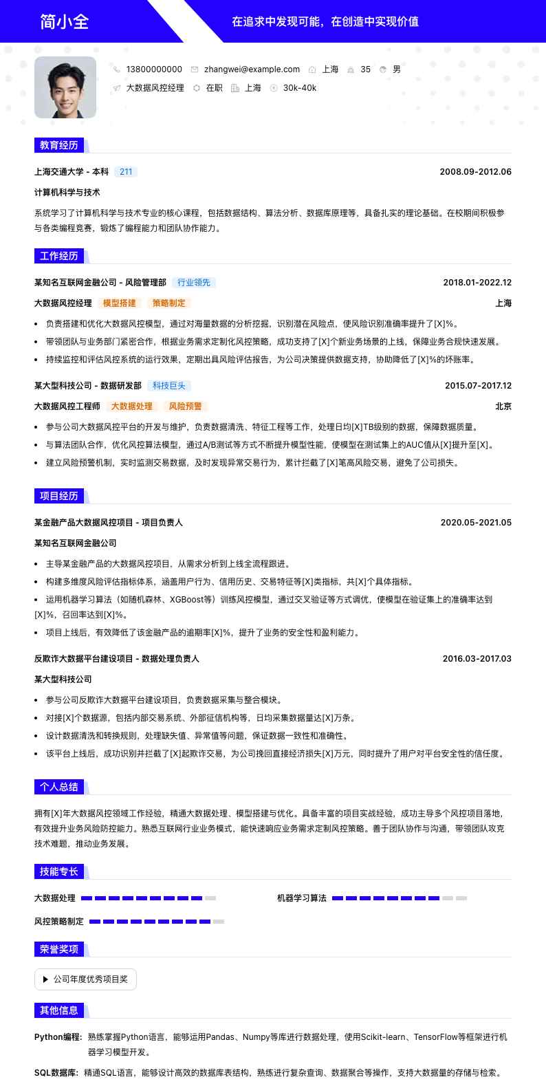 大数据风控经理简历模板