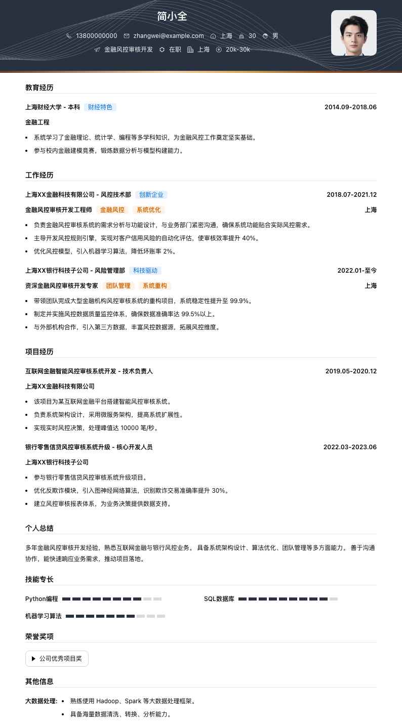 金融风控审核简历模板