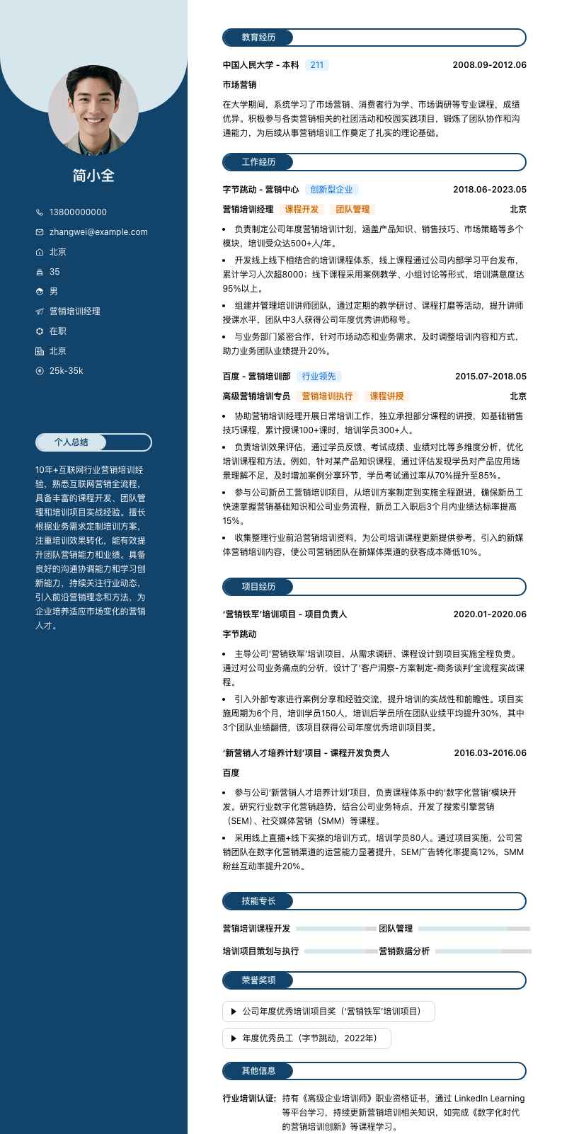 营销培训经理简历模板