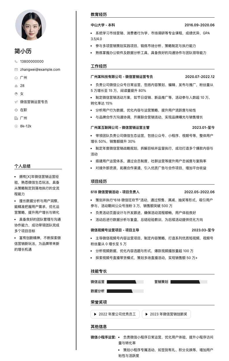 微信营销运营专员简历模板