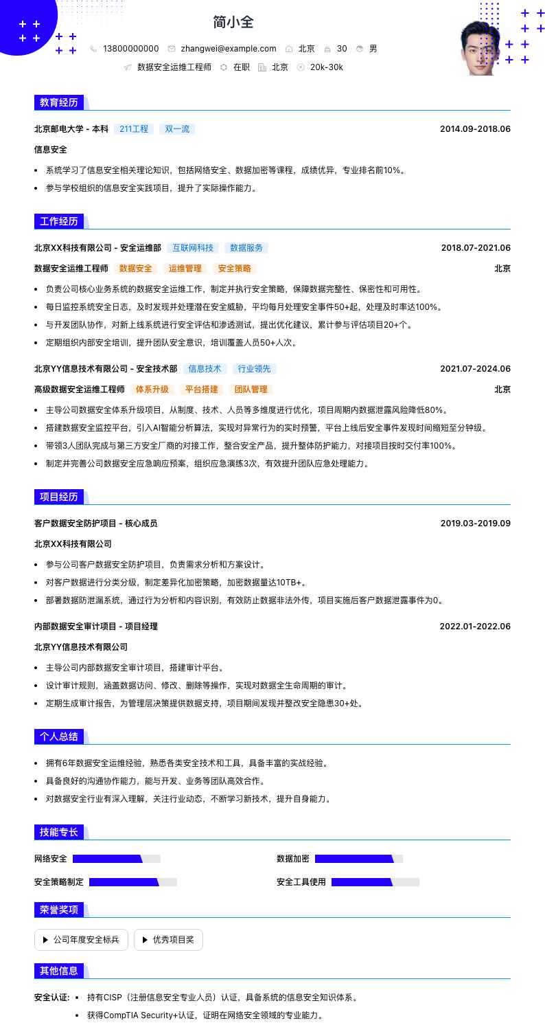 数据安全运维工程师简历模板