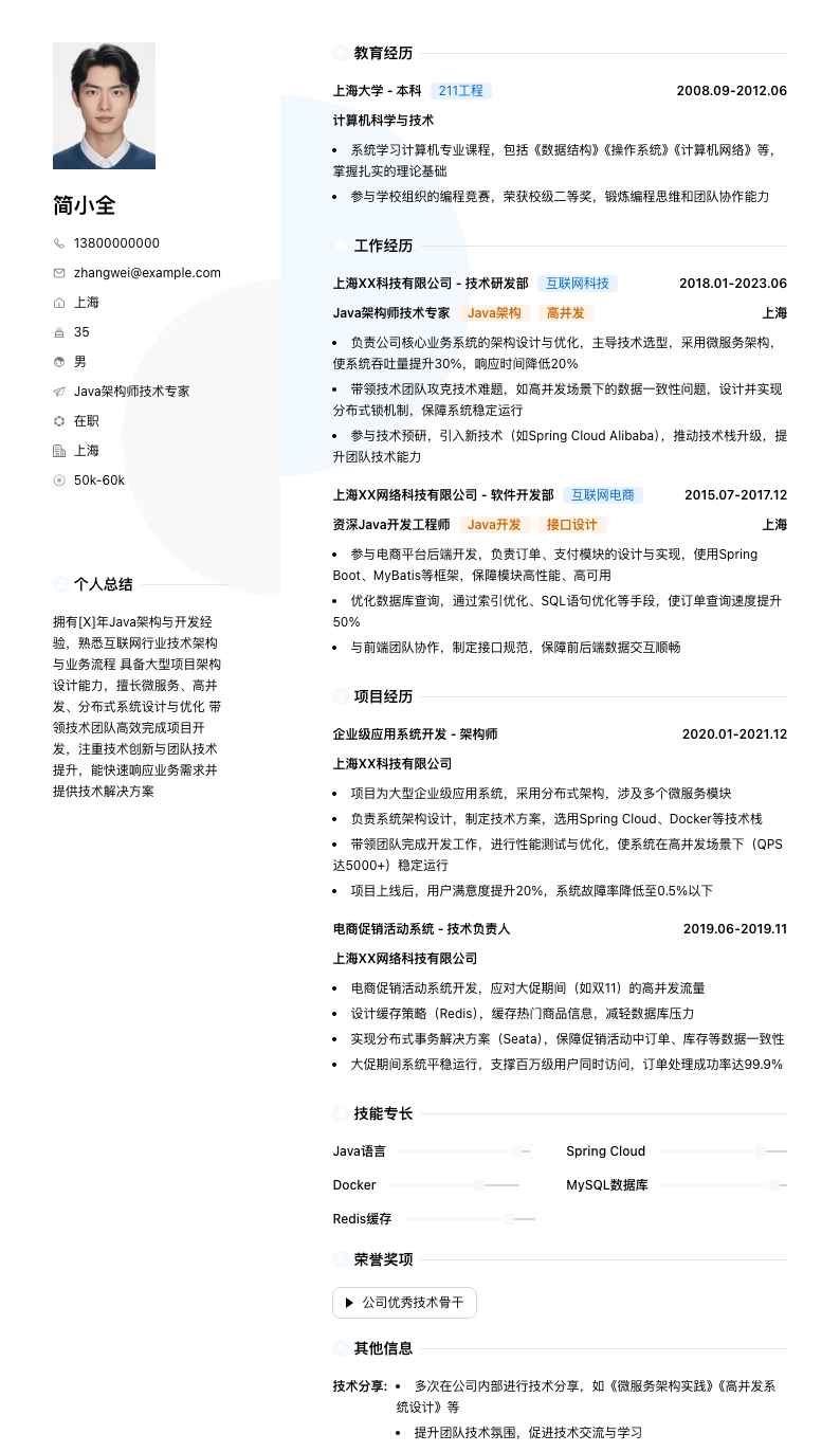 java架构师技术专家简历模板