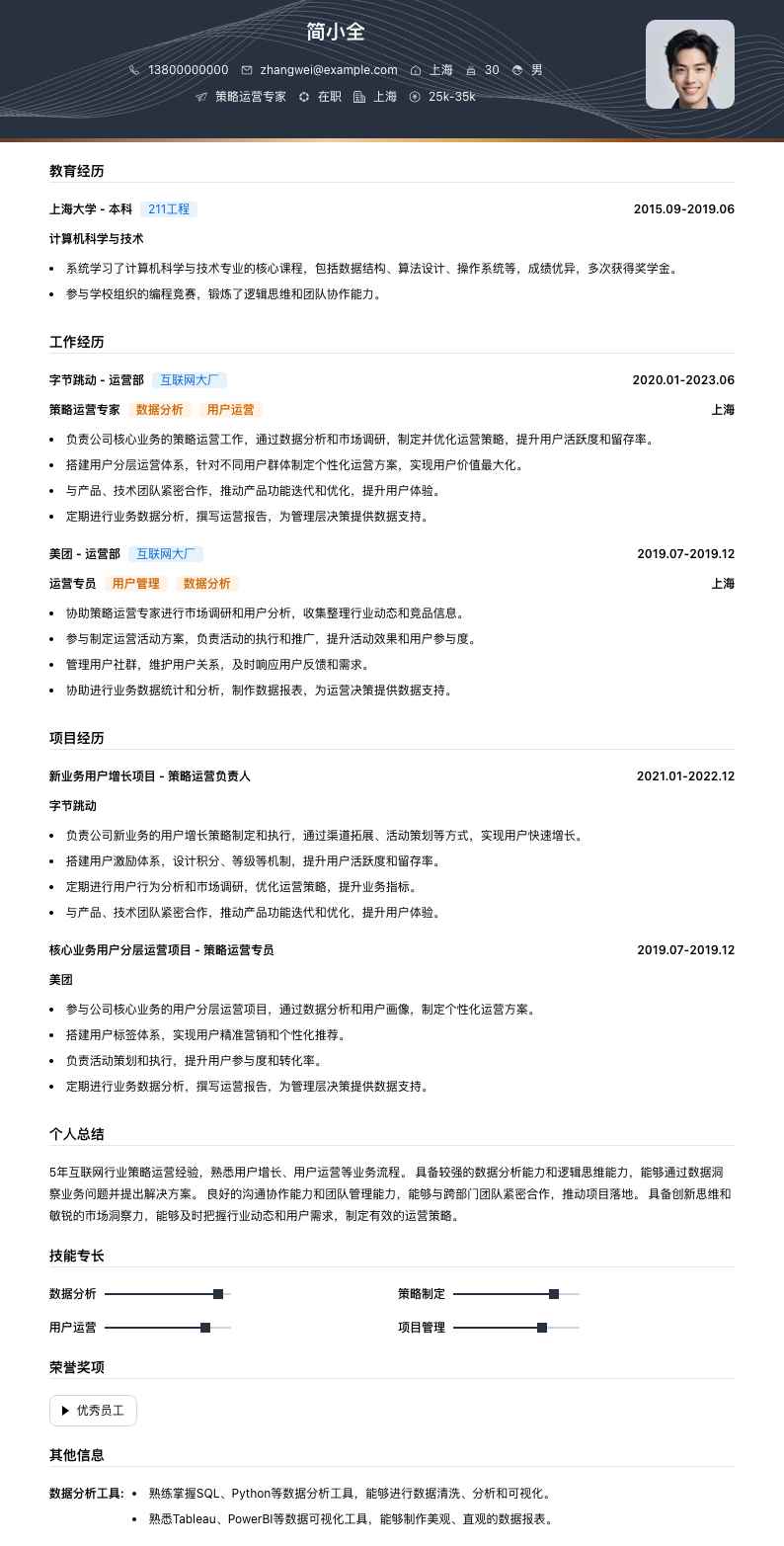 策略运营专家简历模板