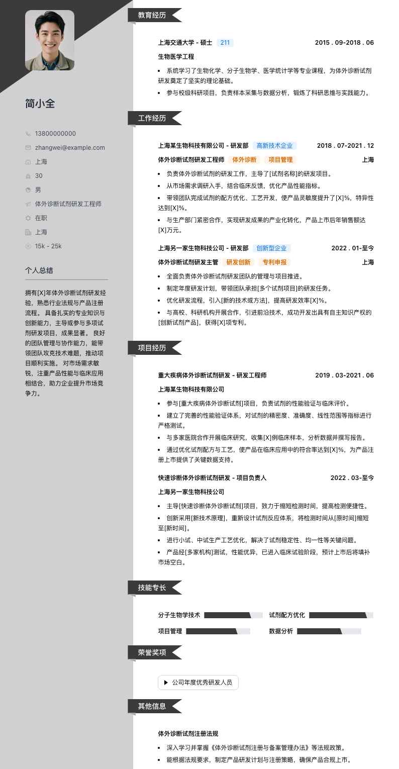 体外诊断试剂研发简历模板