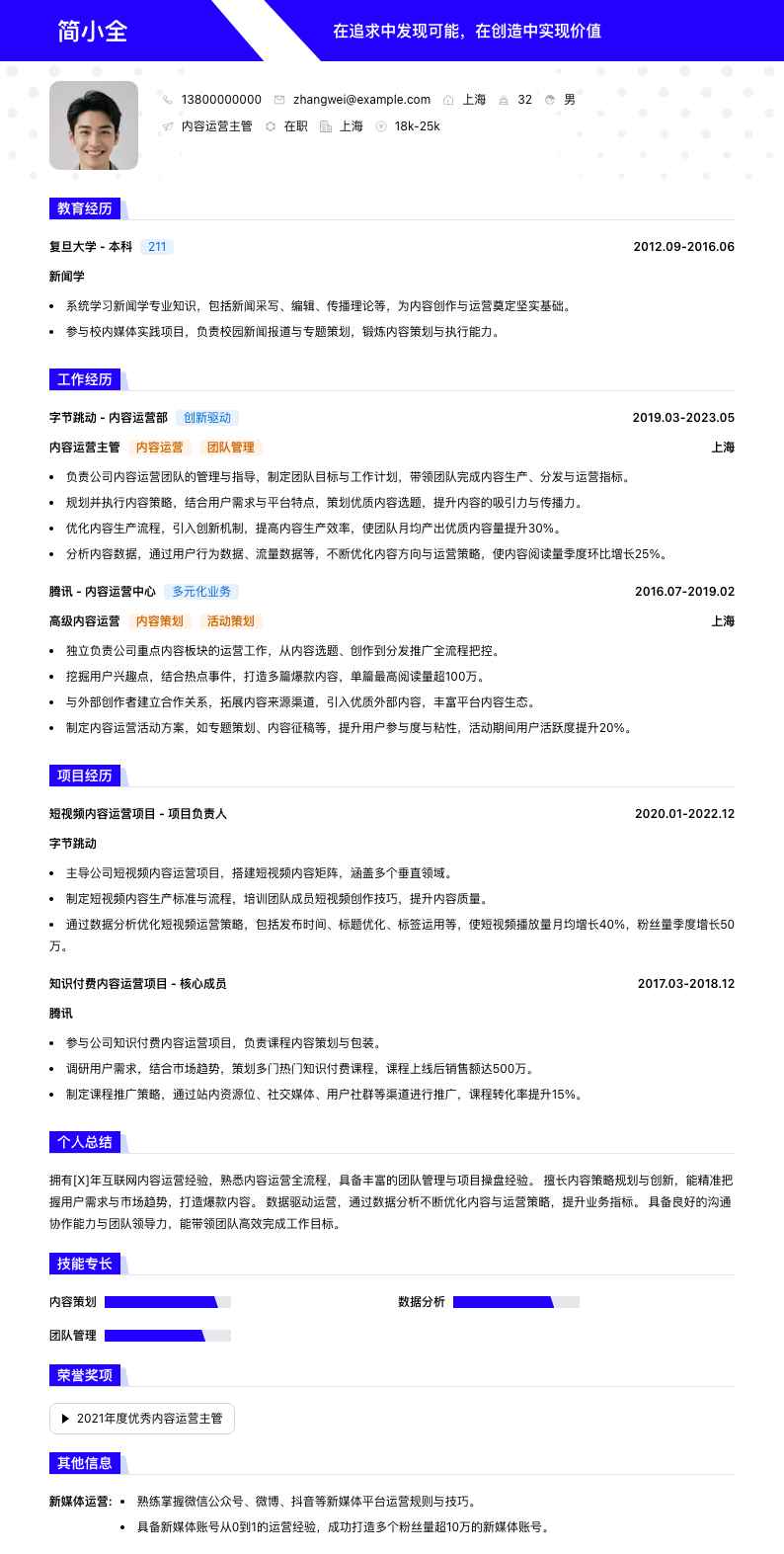 内容运营主管简历模板