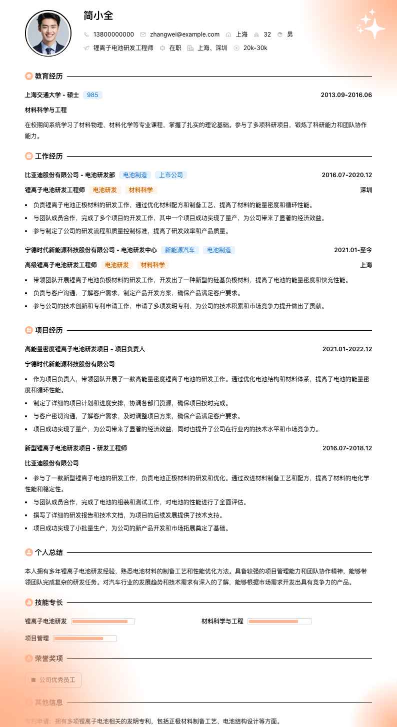 锂离子电池研发工程师简历模板