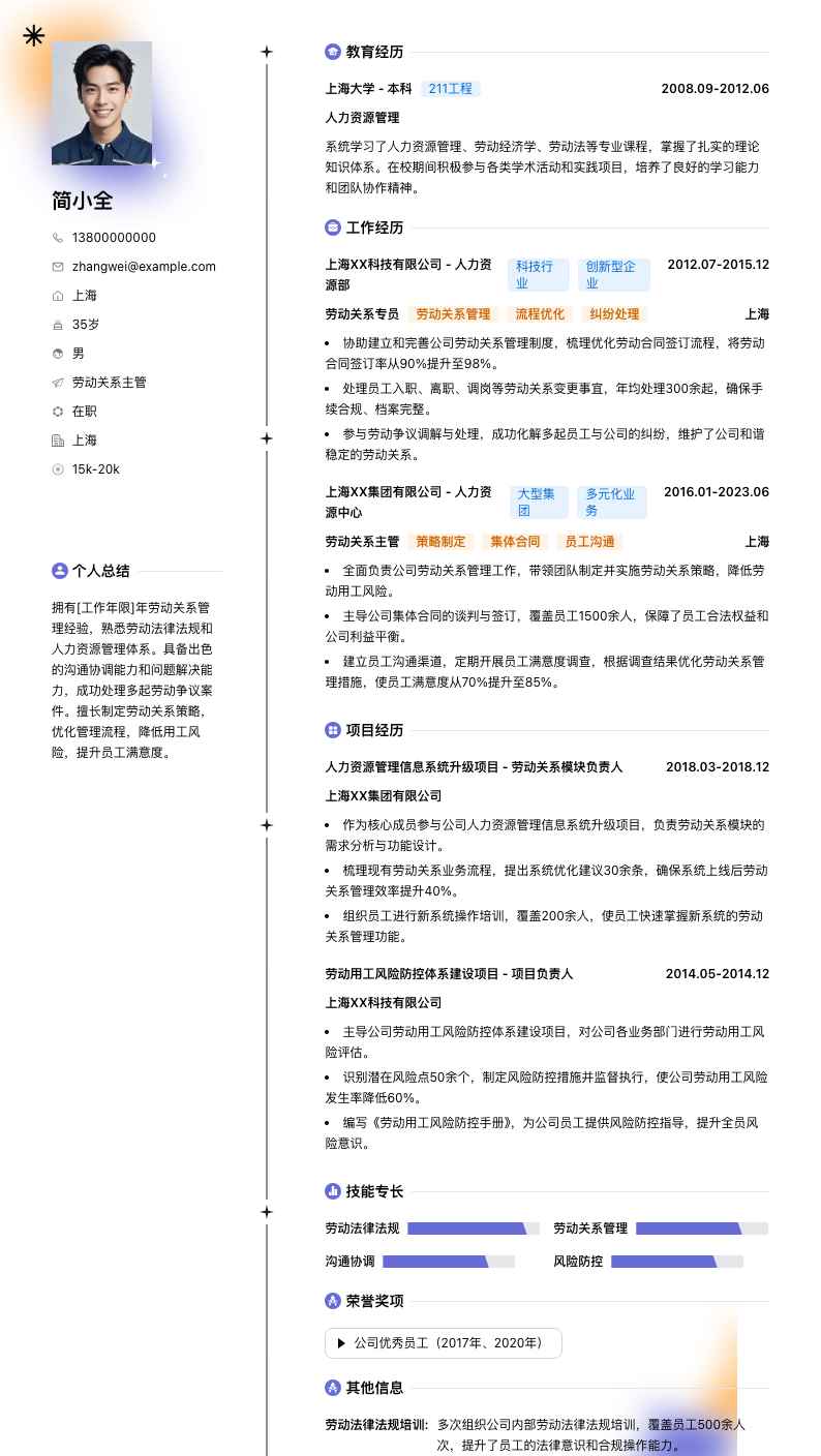 劳动关系主管简历模板