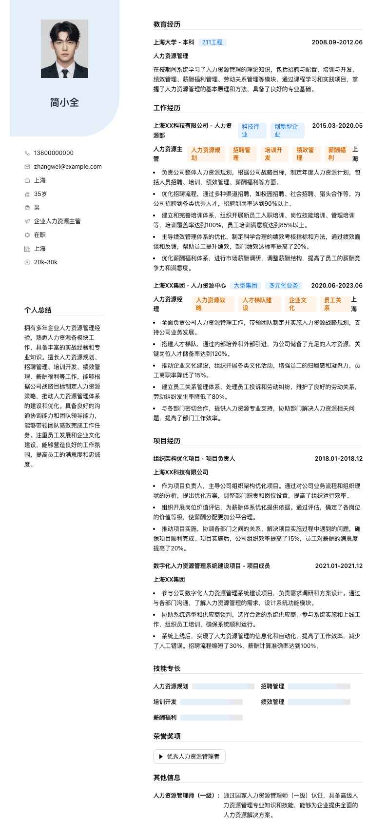 企业人力资源主管简历模板