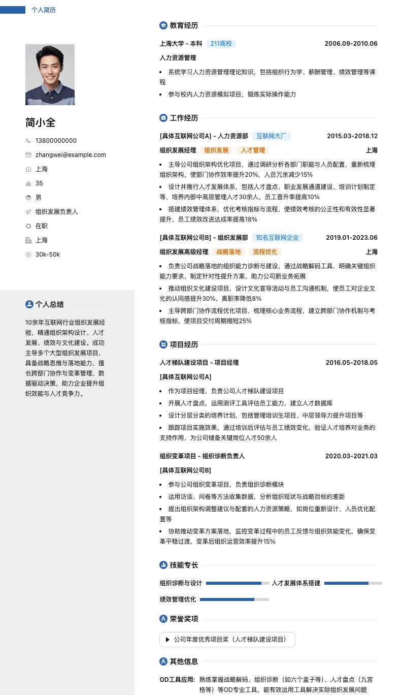 组织发展负责人简历模板