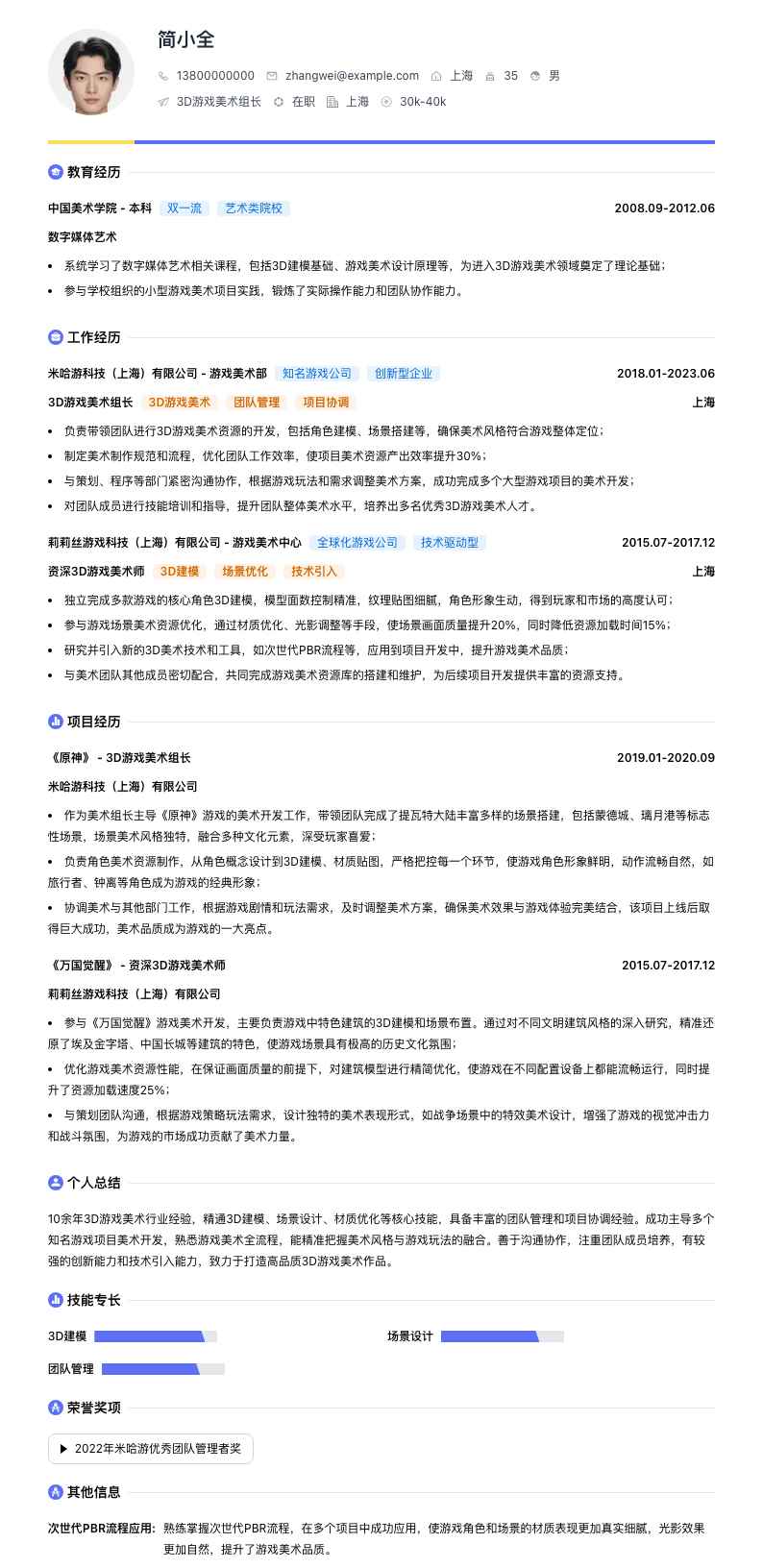 3D游戏美术组长简历模板