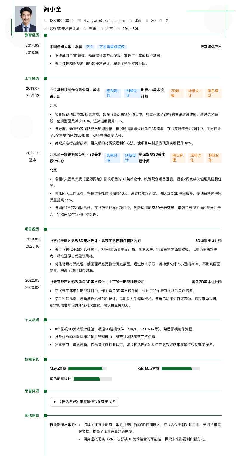 影视3D美术设计师简历模板