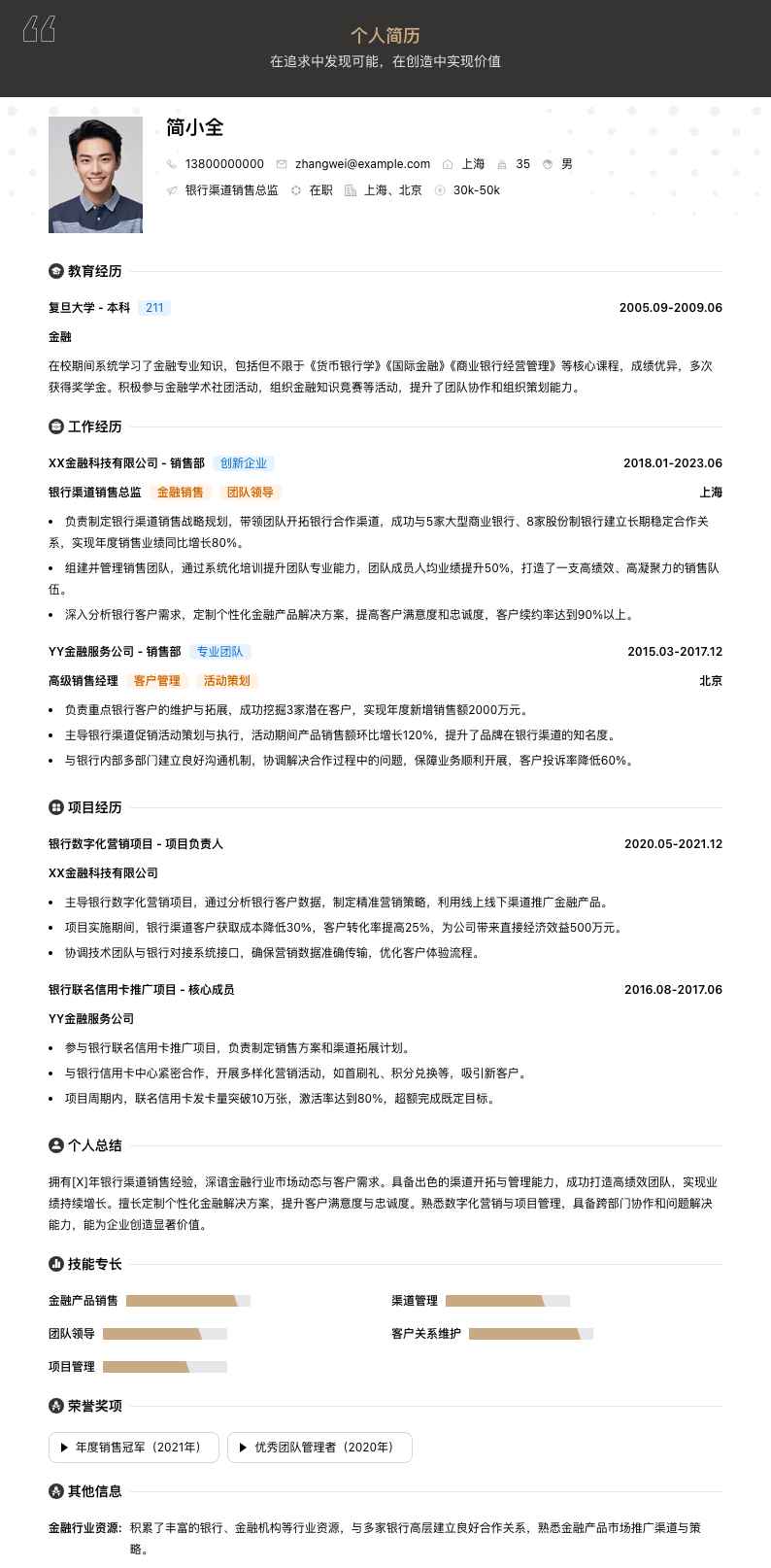 银行渠道销售总监简历模板