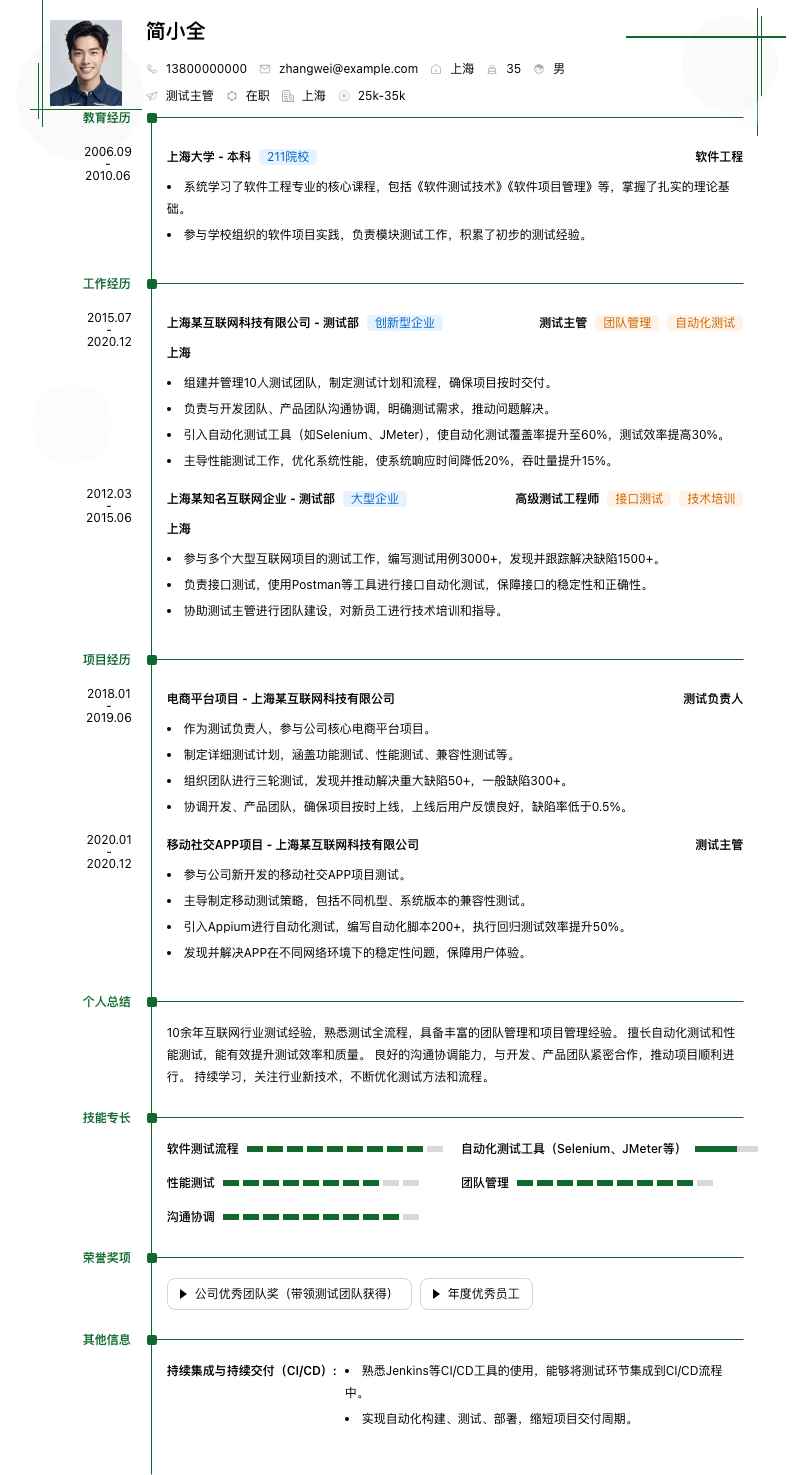 测试主管简历模板