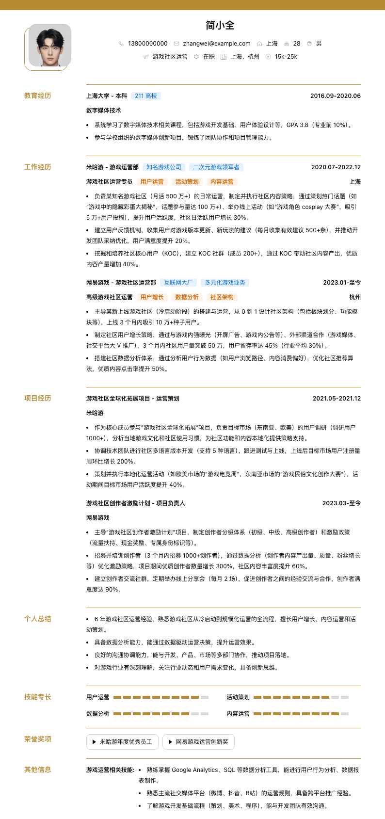 游戏社区运营简历模板