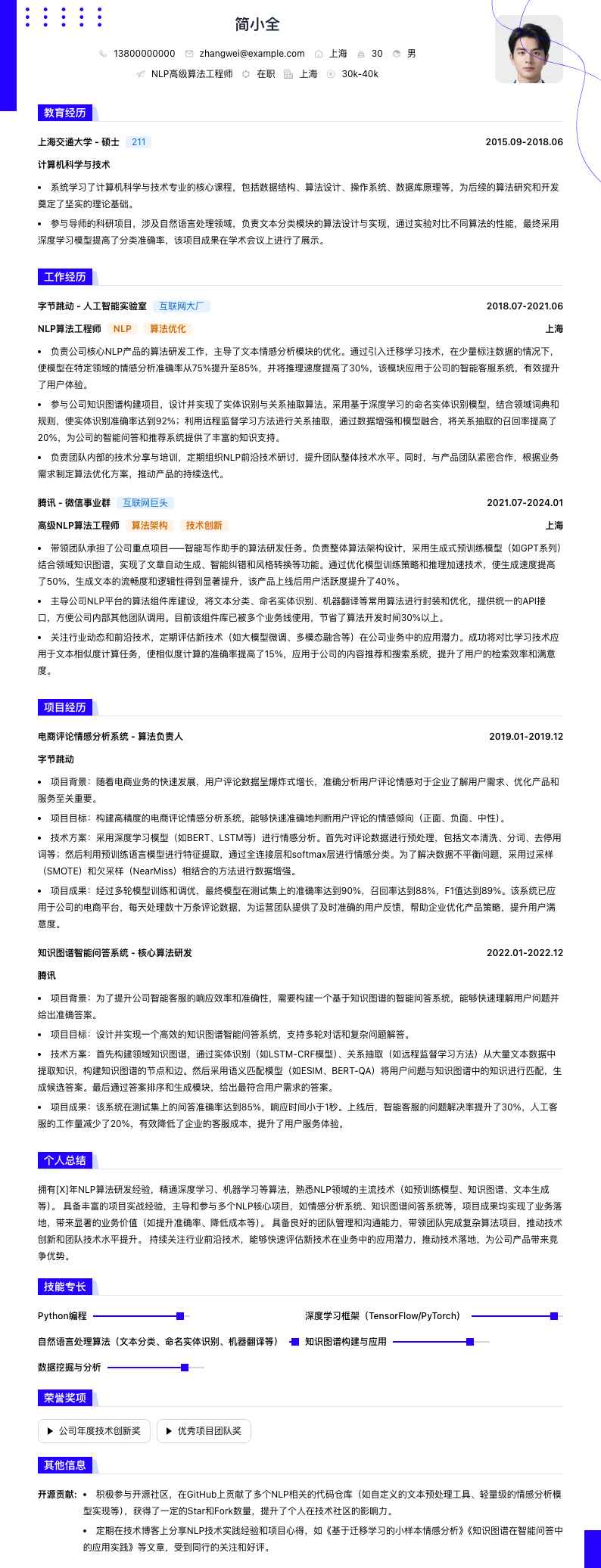 nlp高级算法工程师简历模板