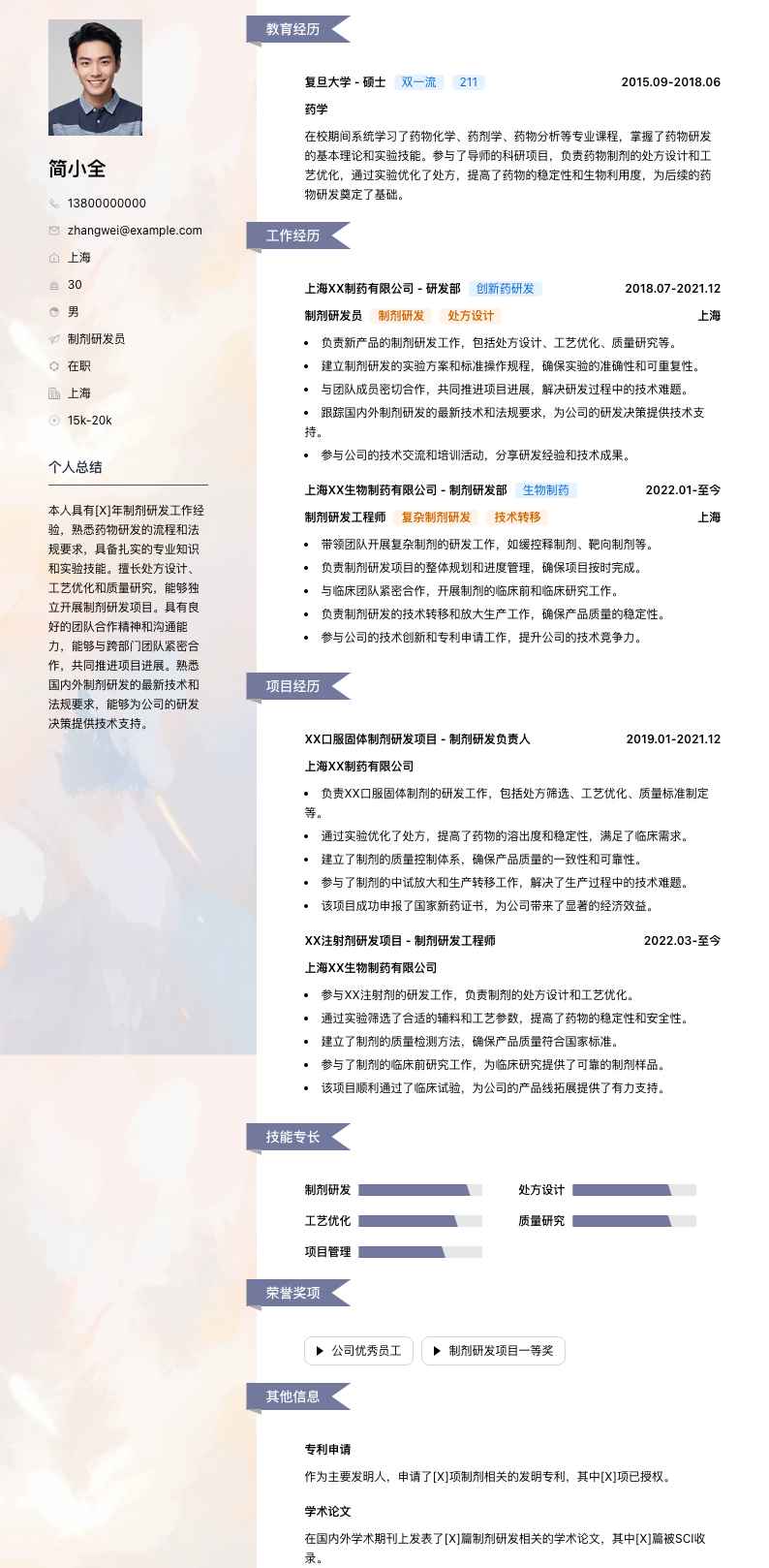 制剂研发员简历模板