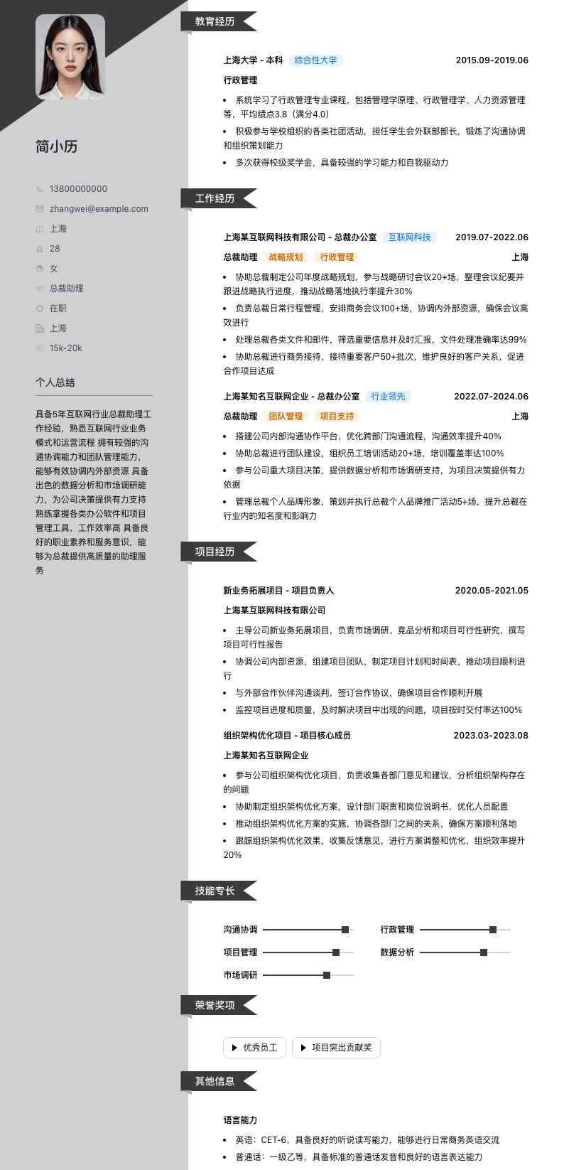 总裁助理助理简历模板