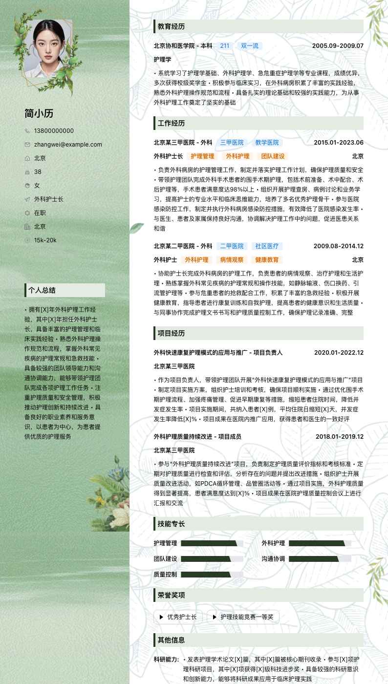 外科护士长简历模板