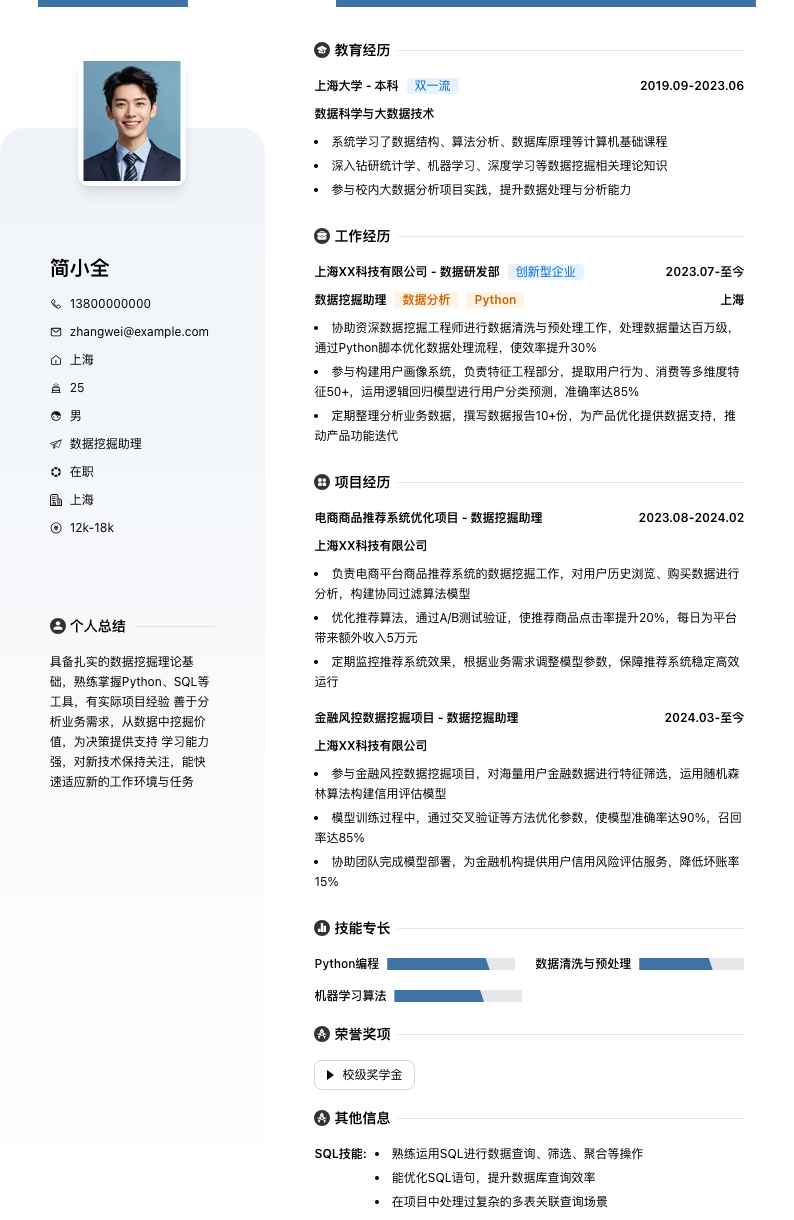 数据挖掘助理简历模板