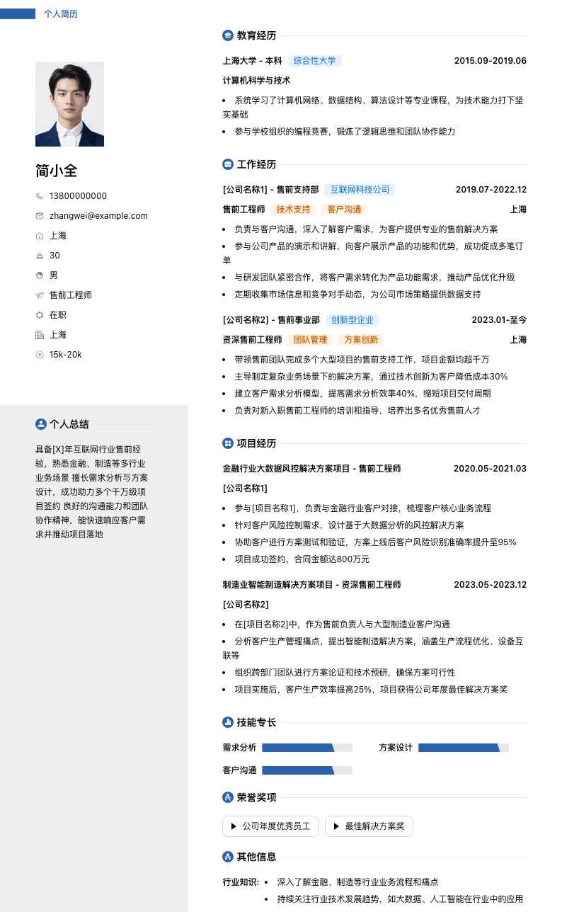 售前工程师简历模板