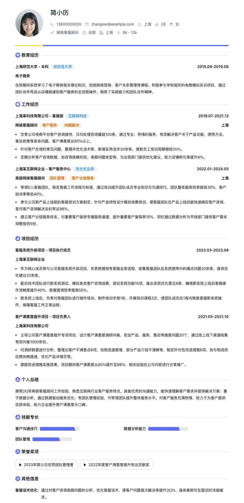 网络客服顾问简历模板