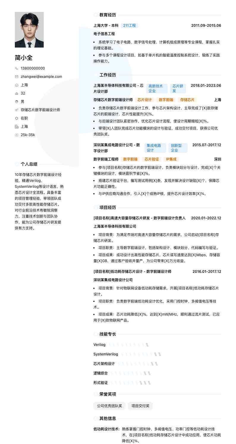 存储芯片数字前端设计师简历模板