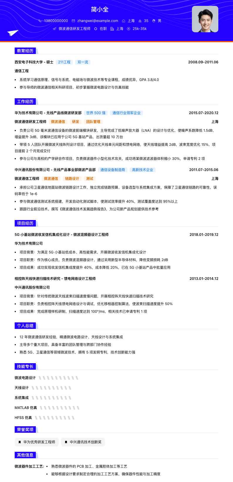 微波通信研发工程师简历模板