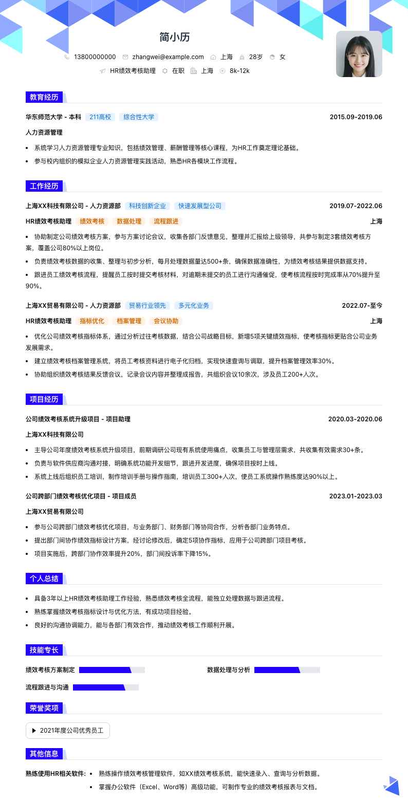 HR绩效考核助理简历模板