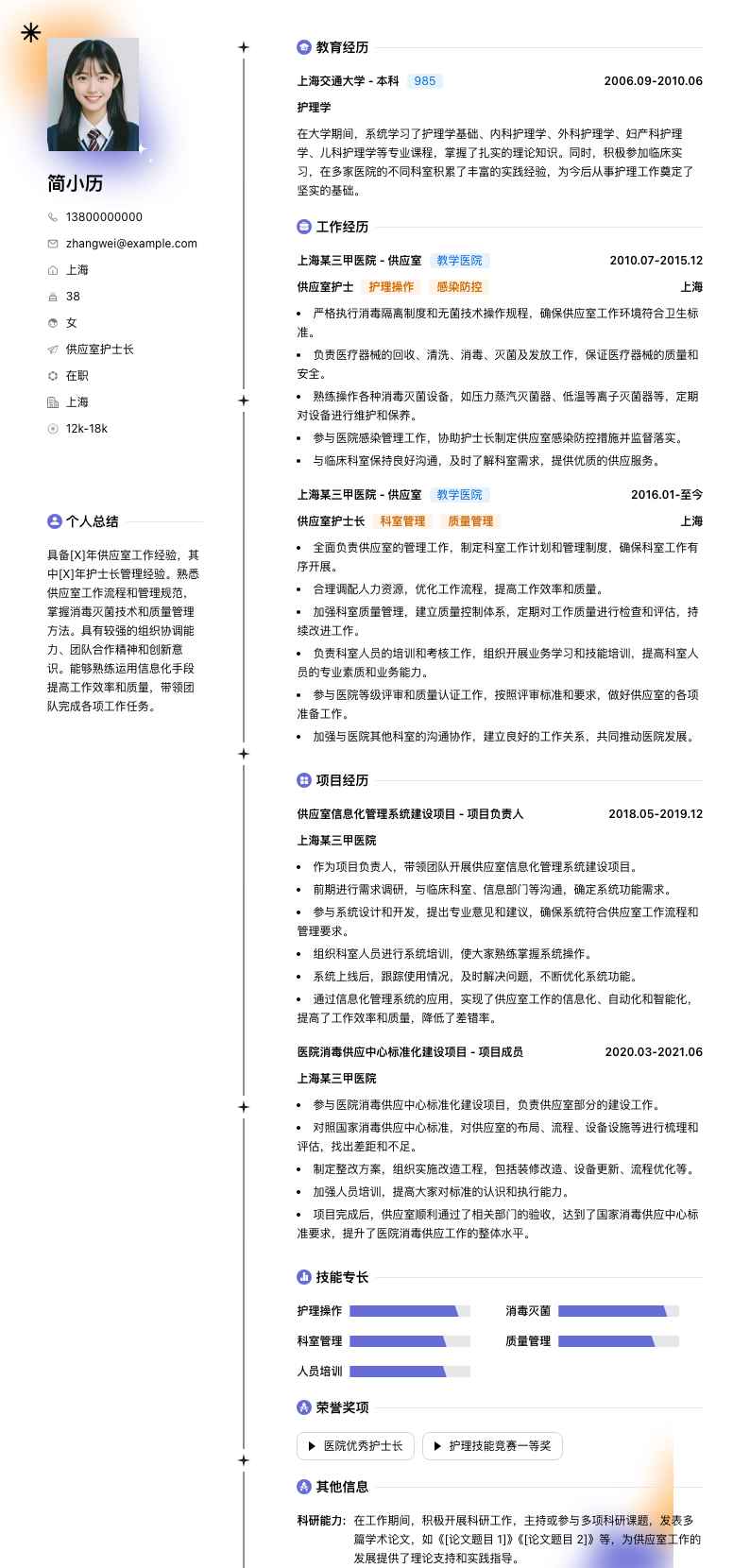 供应室护士长简历模板