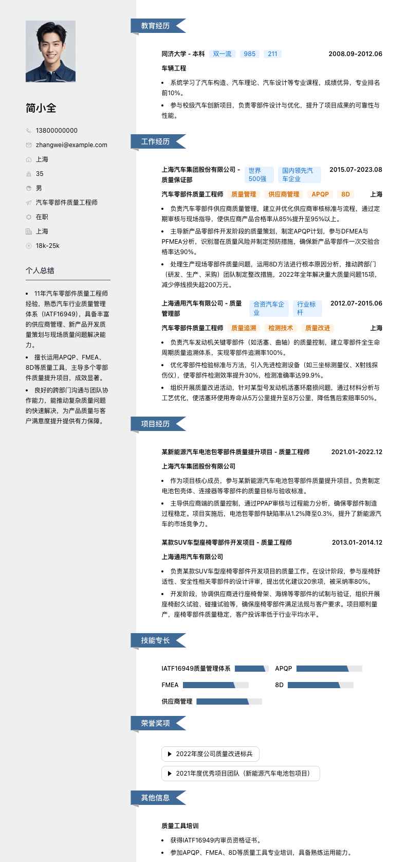 汽车零部件质量工程师简历模板