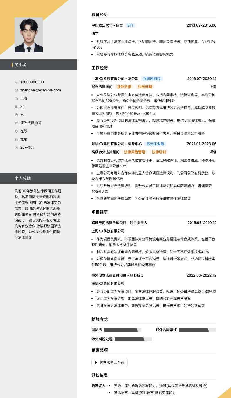 涉外法律顾问简历模板