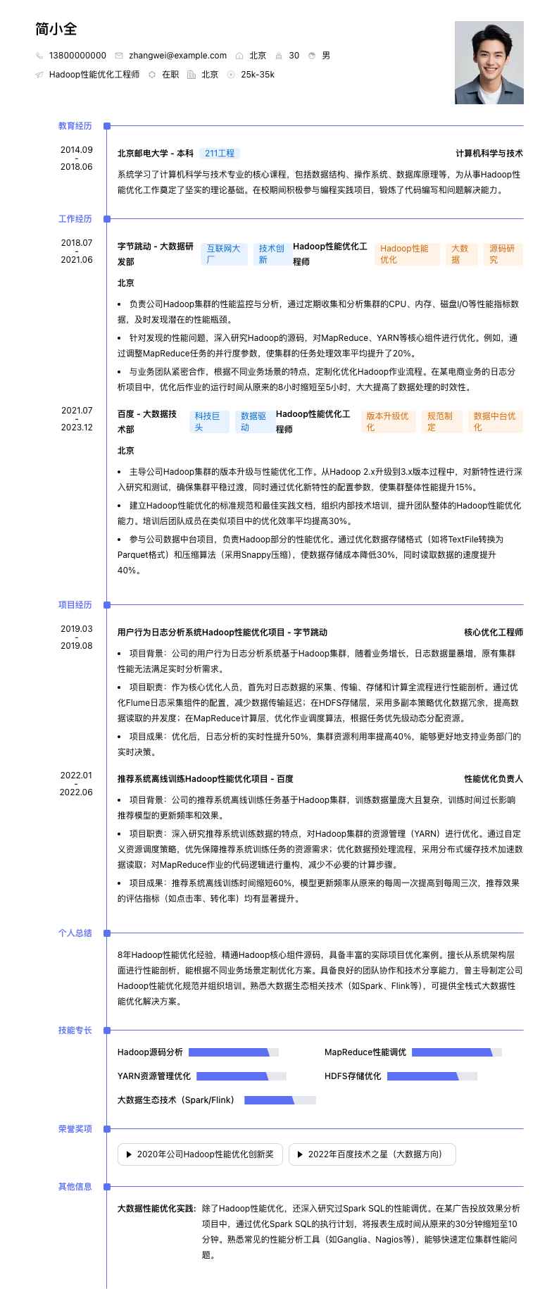 Hadoop性能优化工程师简历模板