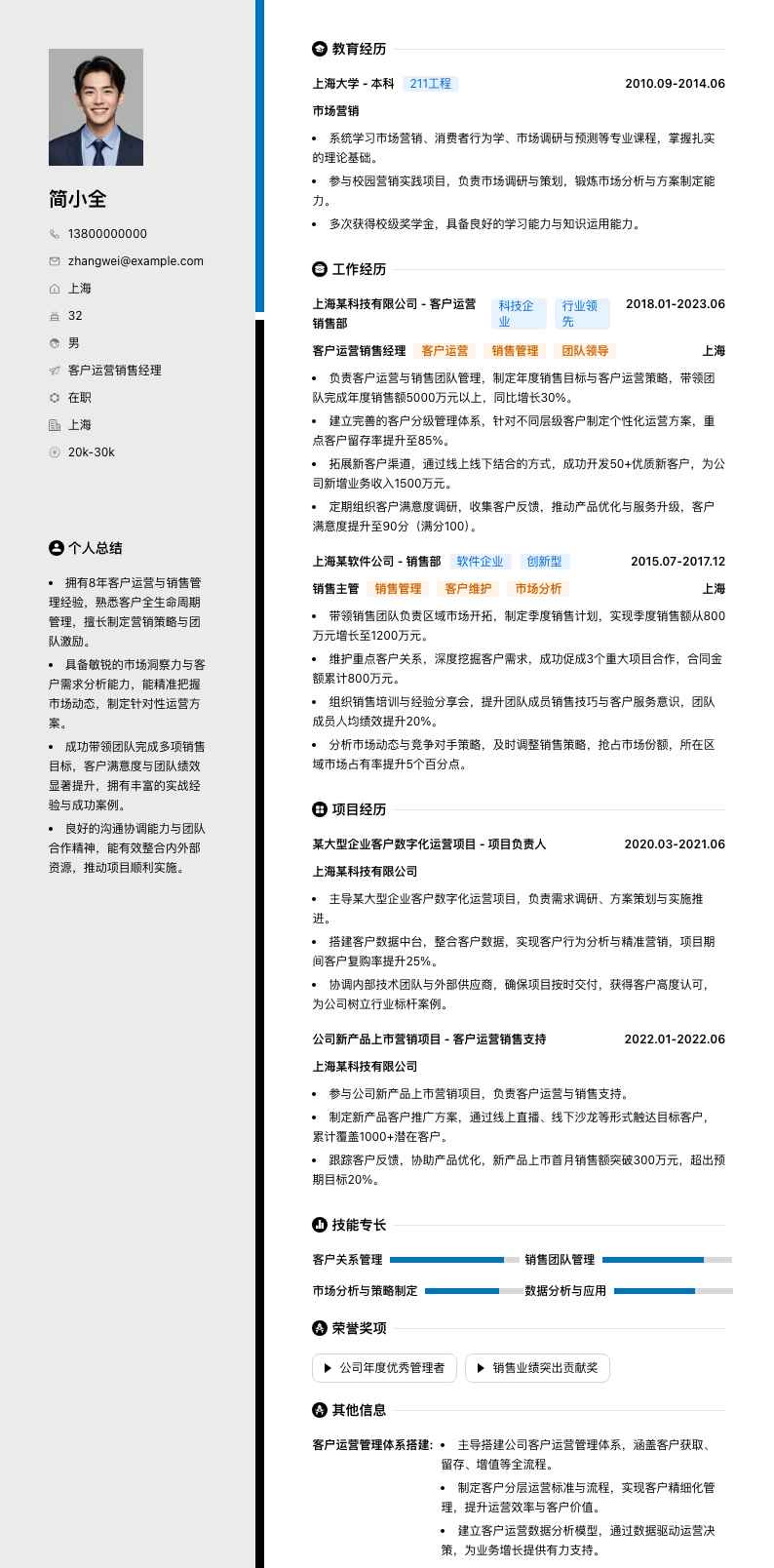 客户运营销售经理简历模板