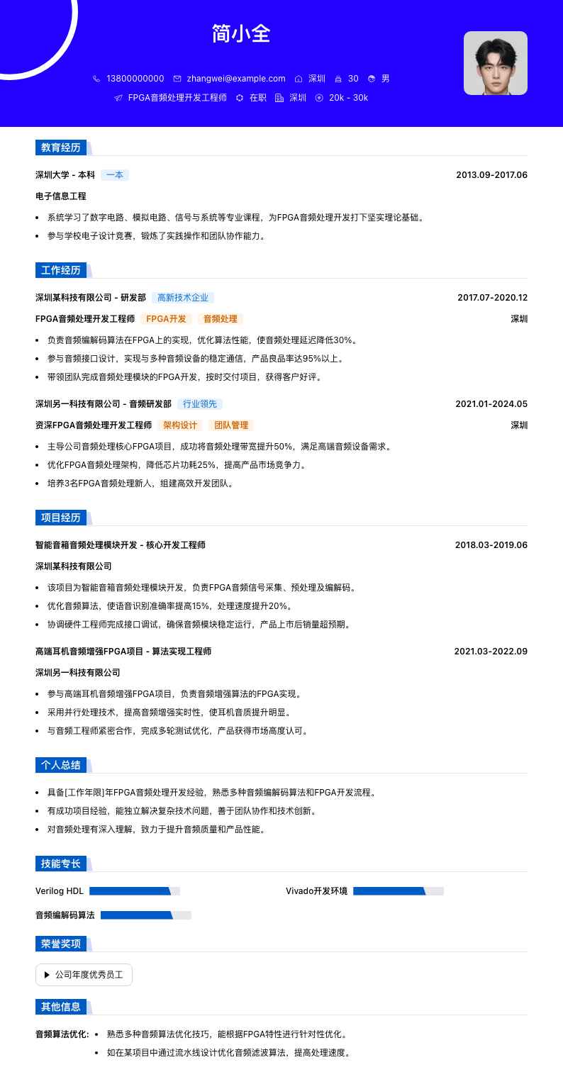 FPGA音频处理开发工程师简历模板
